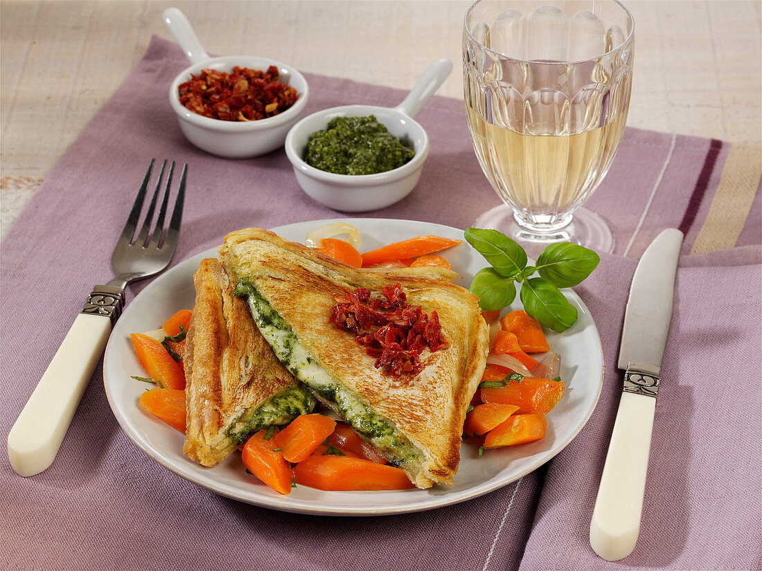 Mozzarella toast schnitzel with carrot and shallot vegetables