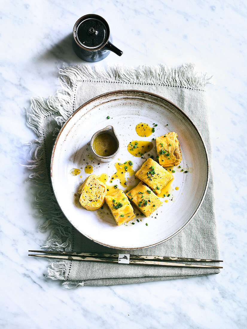 Japanese Egg Omelet Squares with Mustard Sauce