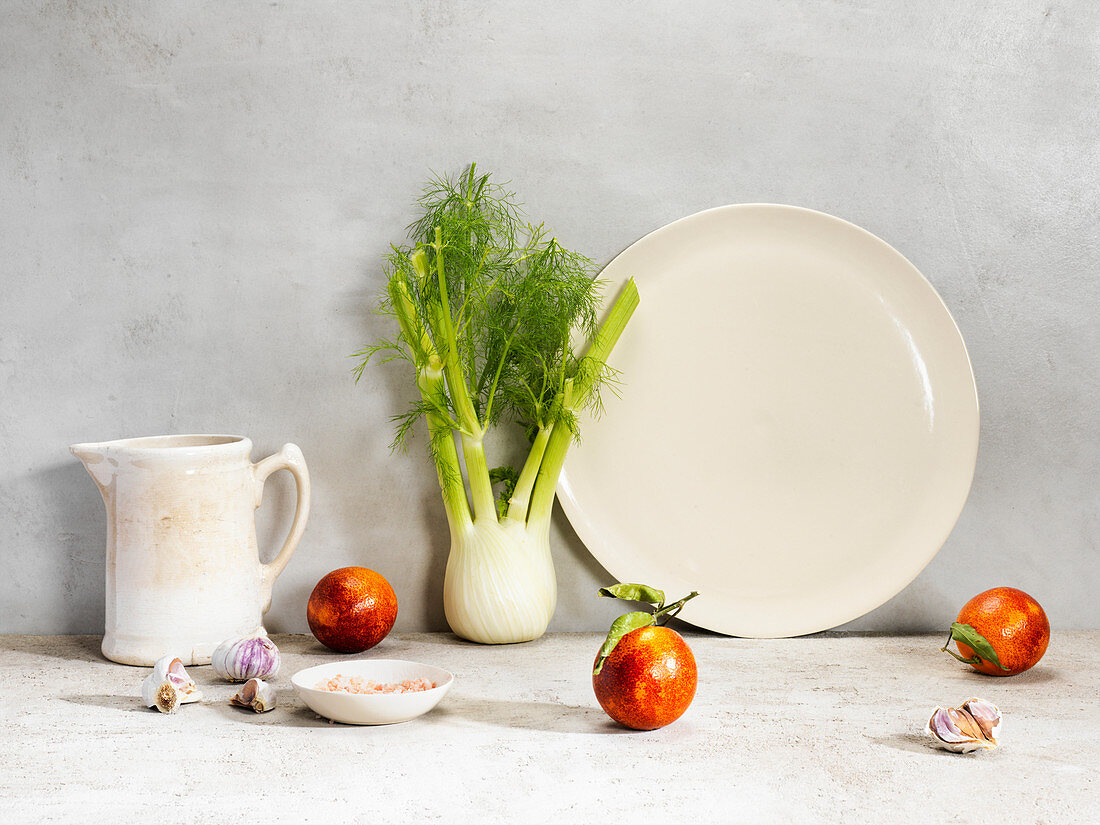 Still Life of Pitcher, Plate, Bowl, Fennel, Garlic and Orange