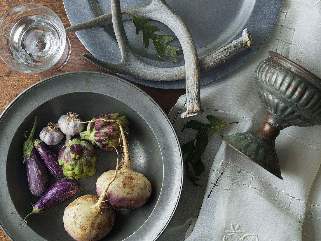 Turnips, Fairy Tale Eggplants, Artichokes and Garlic in Pewter Bowl