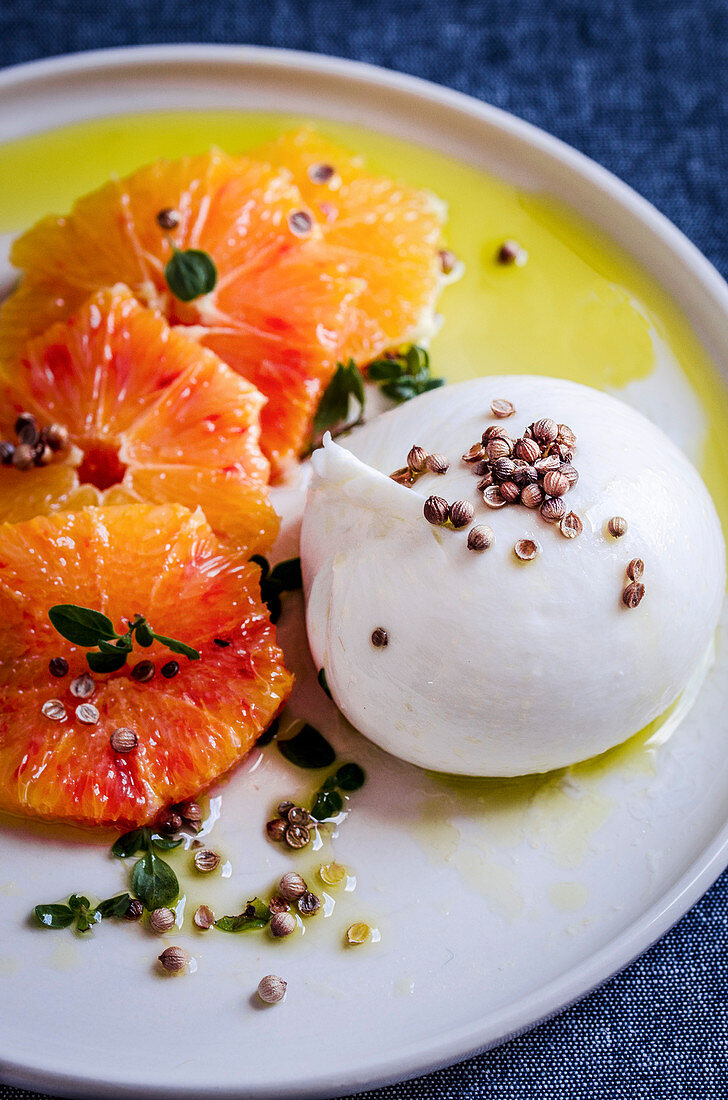 Burrata with red orange and coriander