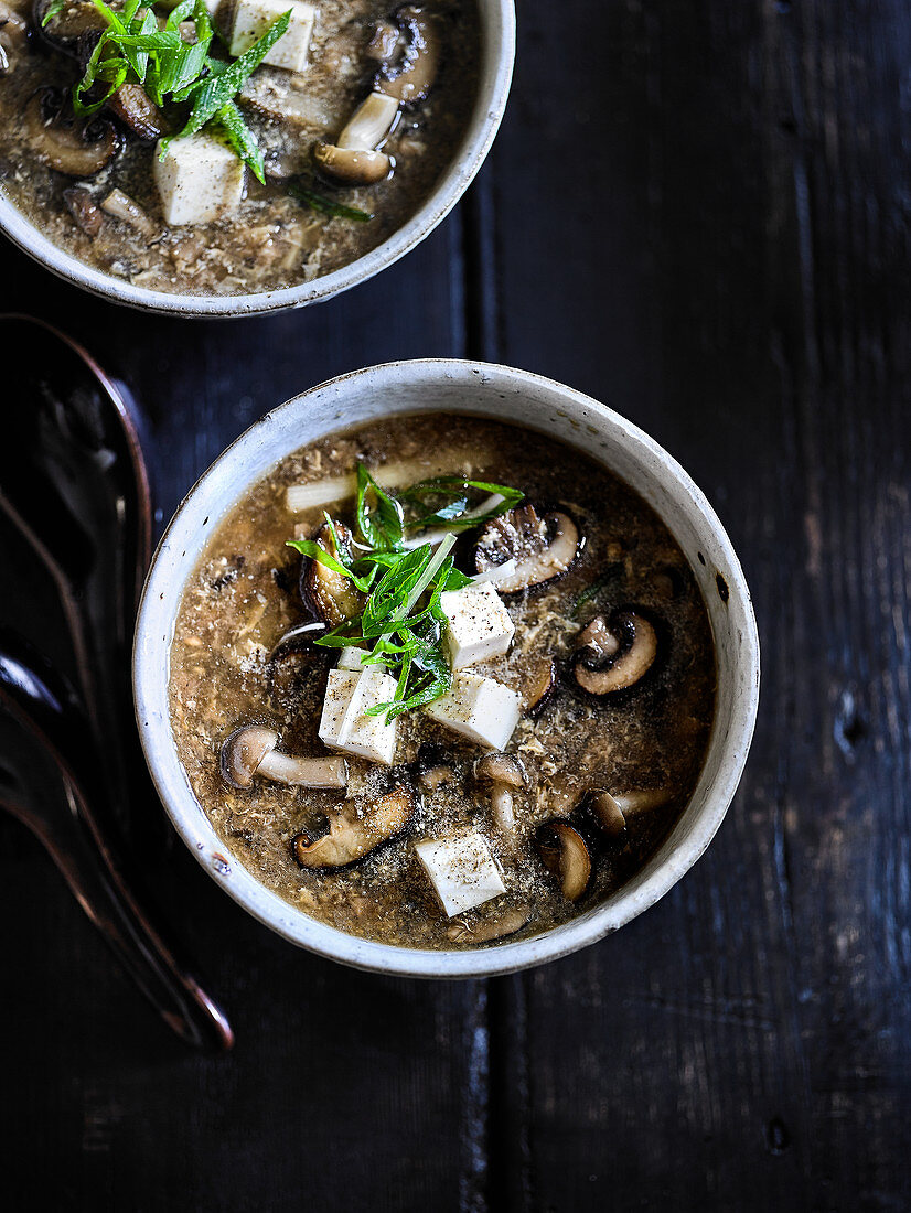 Chinesische Hot and Sour Pilzsuppe mit Tofu