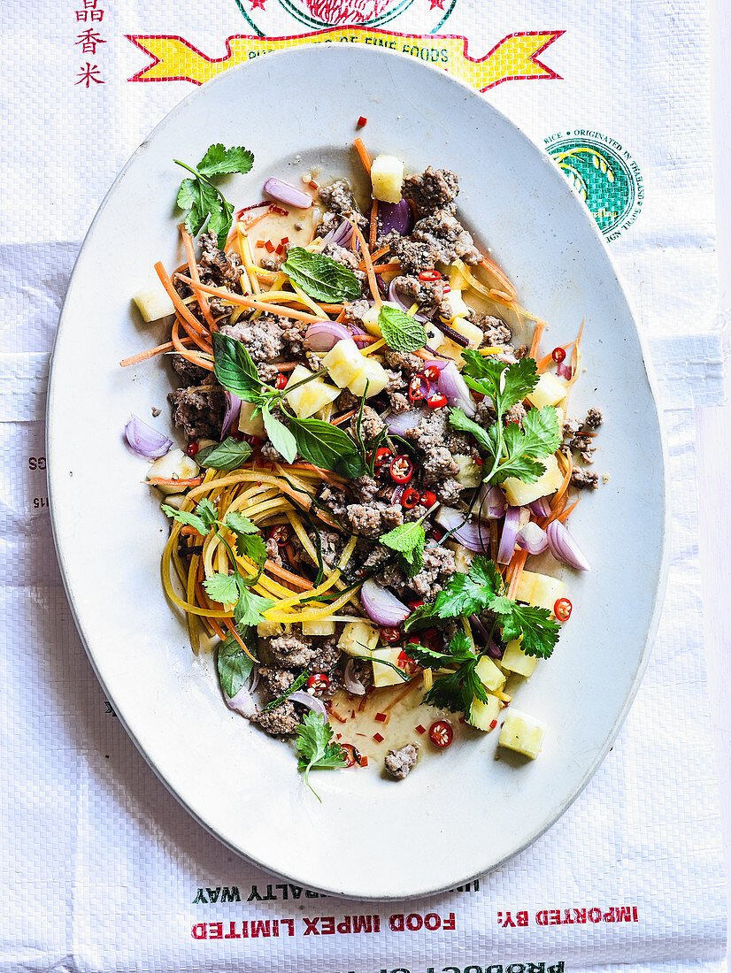 Thai Duck Larb Salad with Julienned Rainbow Carrots and Mango