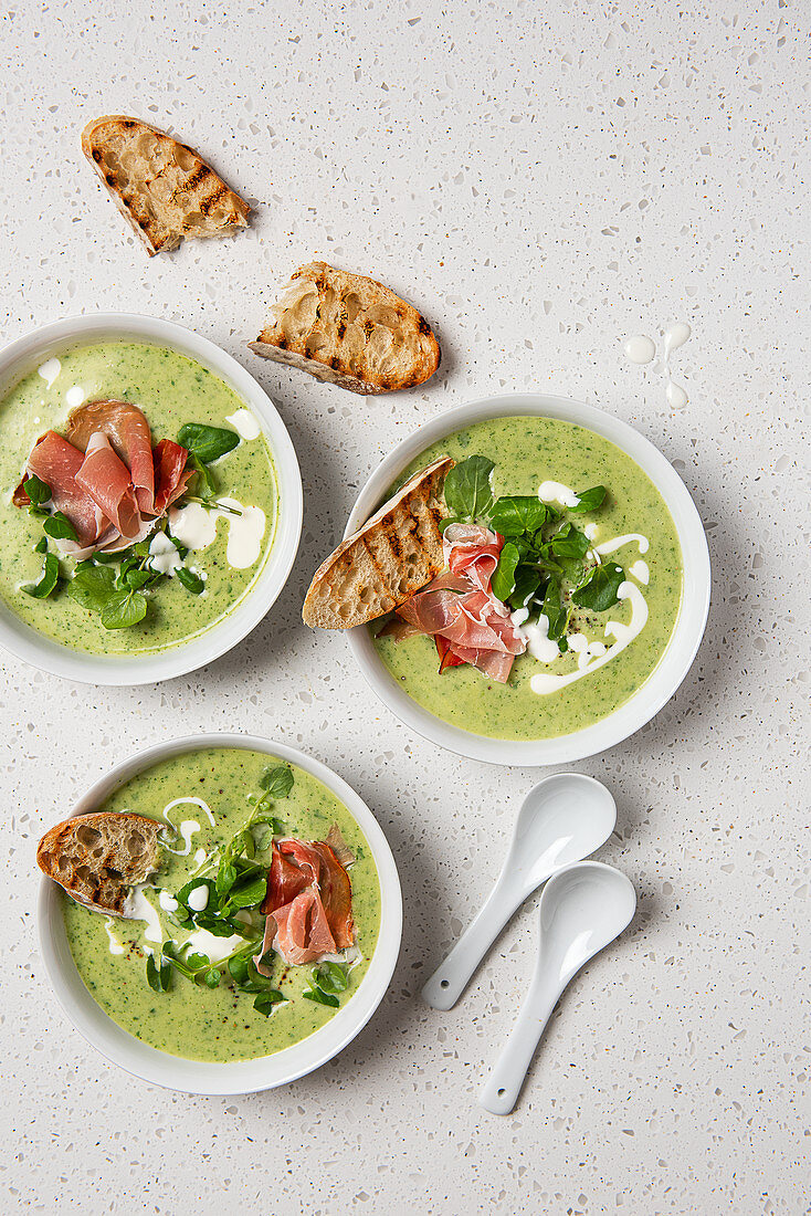Spring watercress soup with ham and toasted ciabatta bread