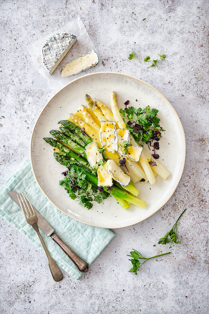 Green and white asparagus salad with goat camembert and honey mustard vinaigrette