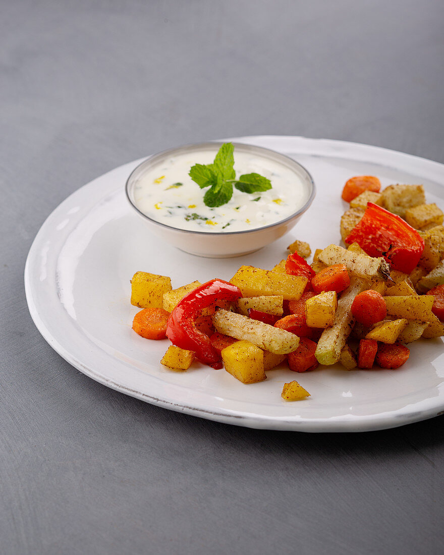 Oriental oven-baked vegetables with mint yoghurt