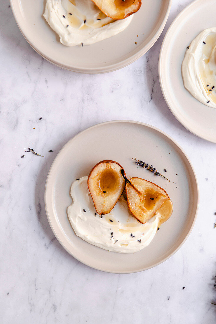 Roasted pears on yogurt with lavender