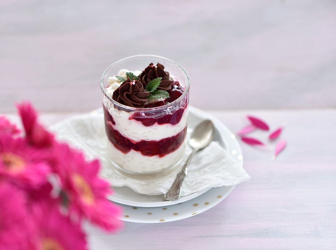 Vegan 'cream rice pudding' with vanilla cherries and ganache