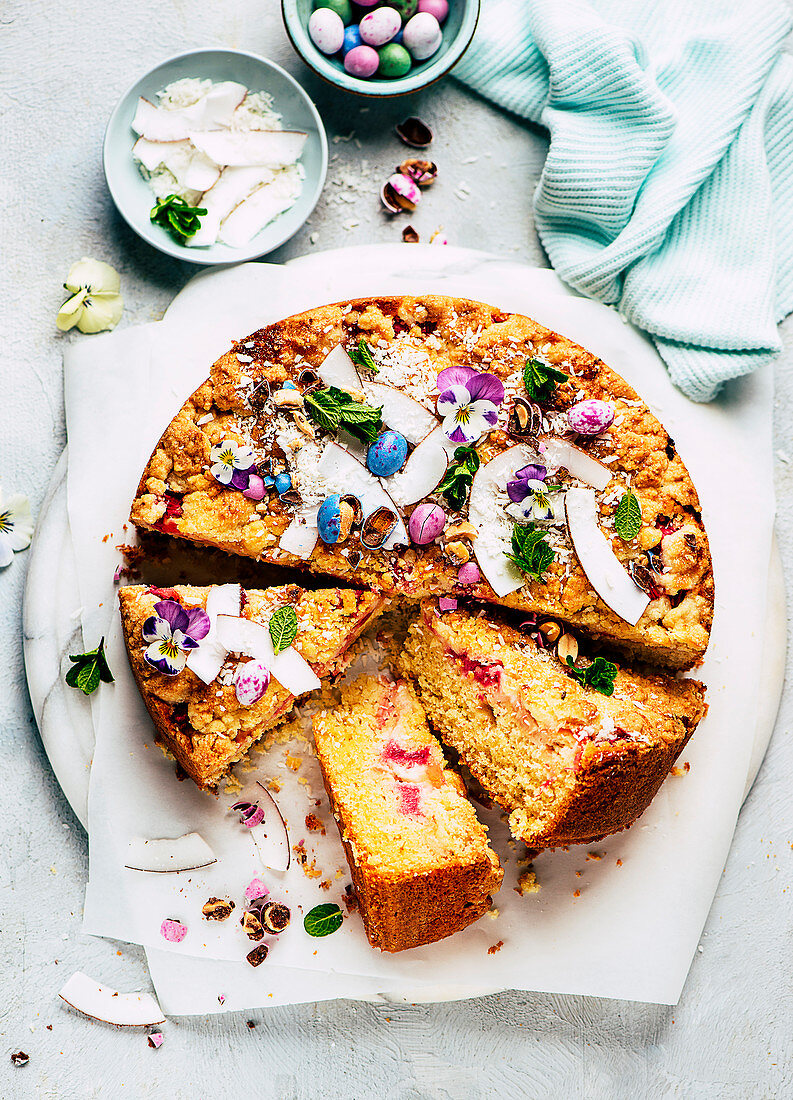 Rhubarb and coconut crumble cake for Easter