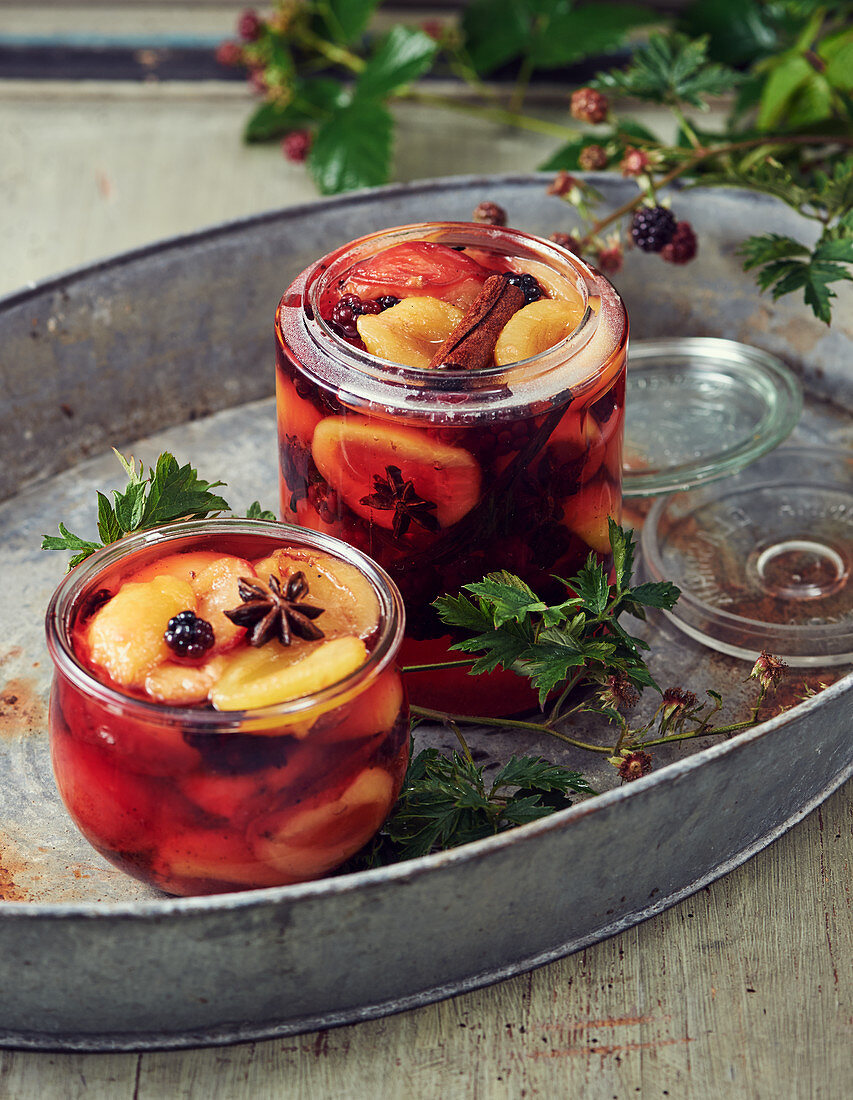 Pickled blackberries with plums