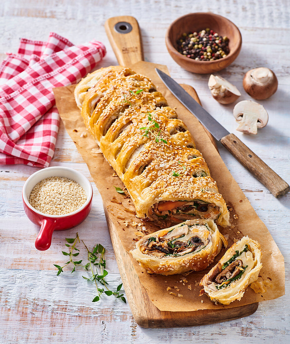 Salty strudel with mushrooms and vegetables
