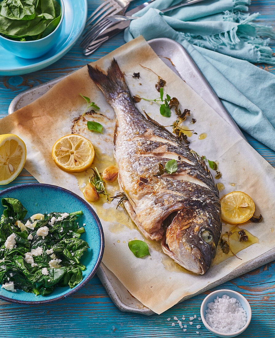Oven roasted sea bream with spinach