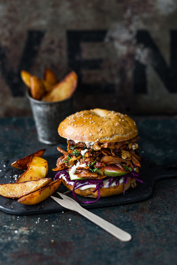 Pulled duck burger with orange mayo, red cabbage, fig and nuts
