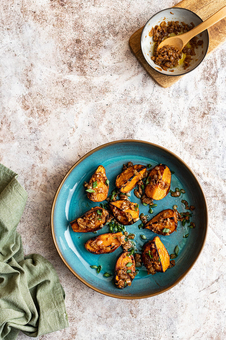 Kyoto style sweet potato with butter, miso, ginger and spring onions