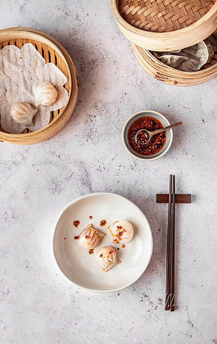Steamed Dim Sum Dumplings with Homemade Chili Oil