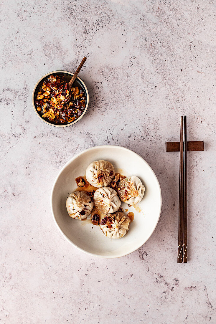 Fried dumplings with homemade chili crisp