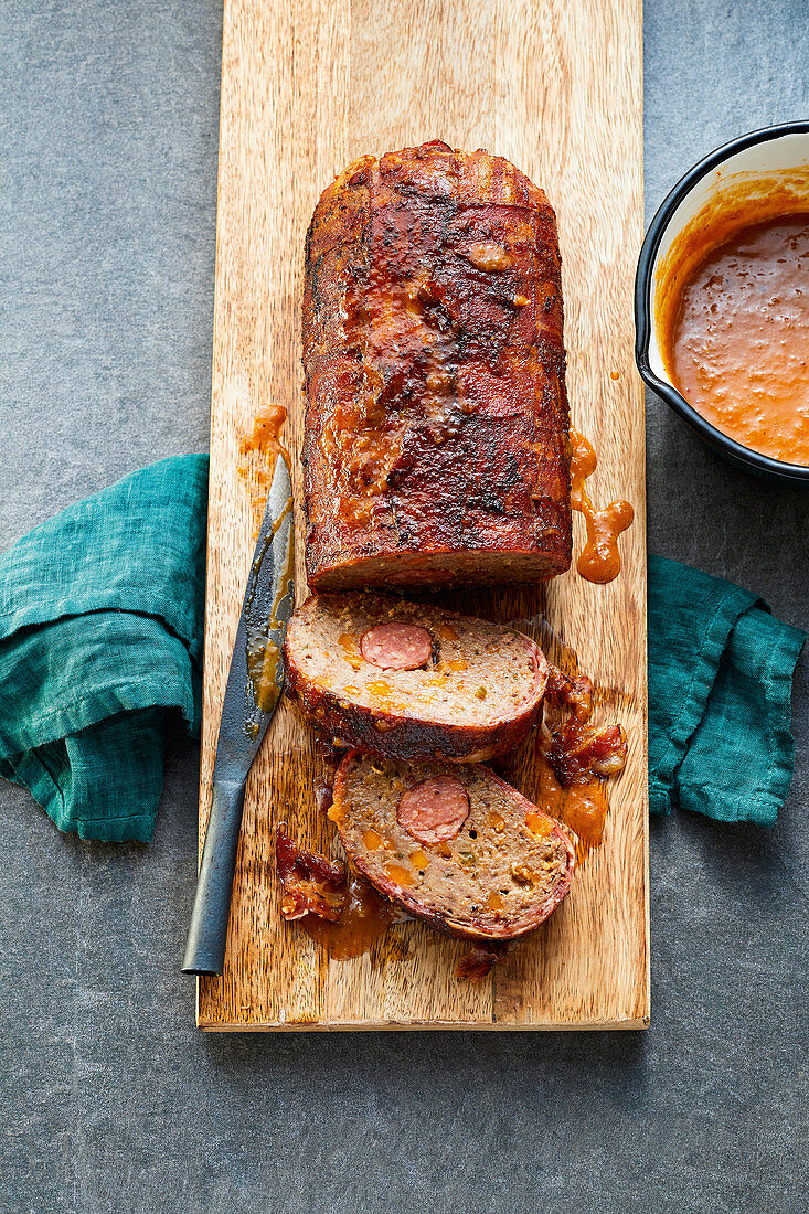 Grilled bacon bomb with a bourbon apple glaze