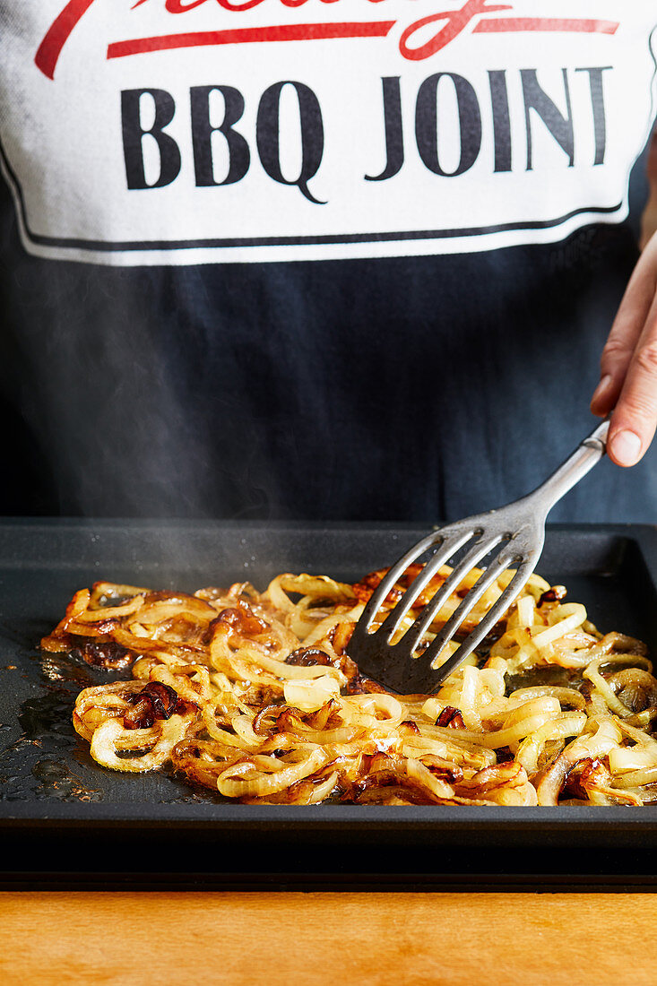 Fried onions being prepared