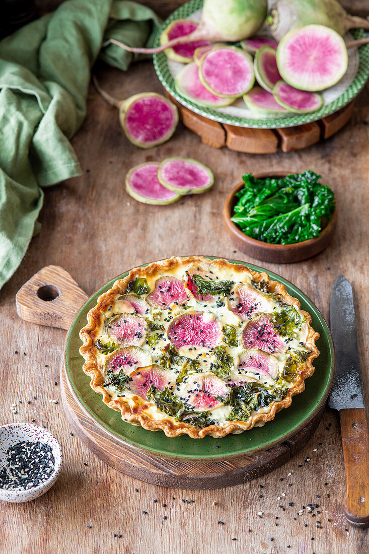 Watermelon radish pie with kale and cheese