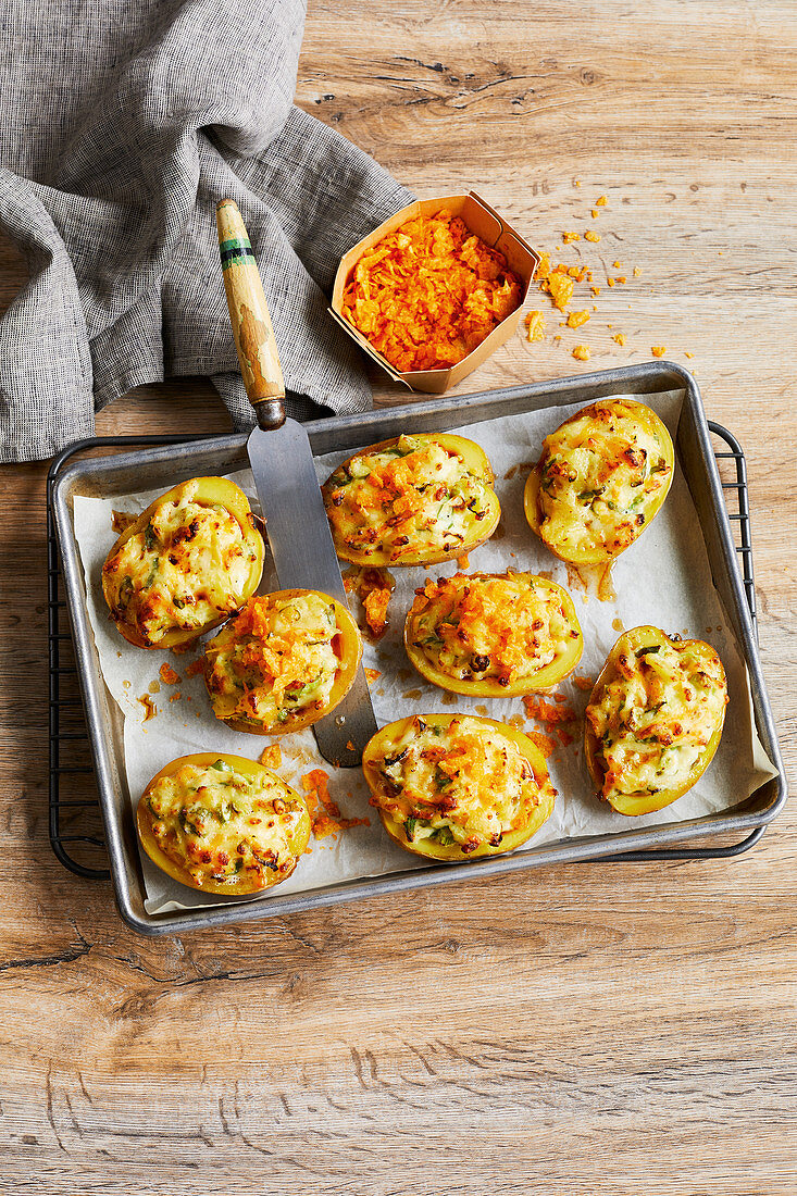 Grilled stuffed potatoes with spring onions