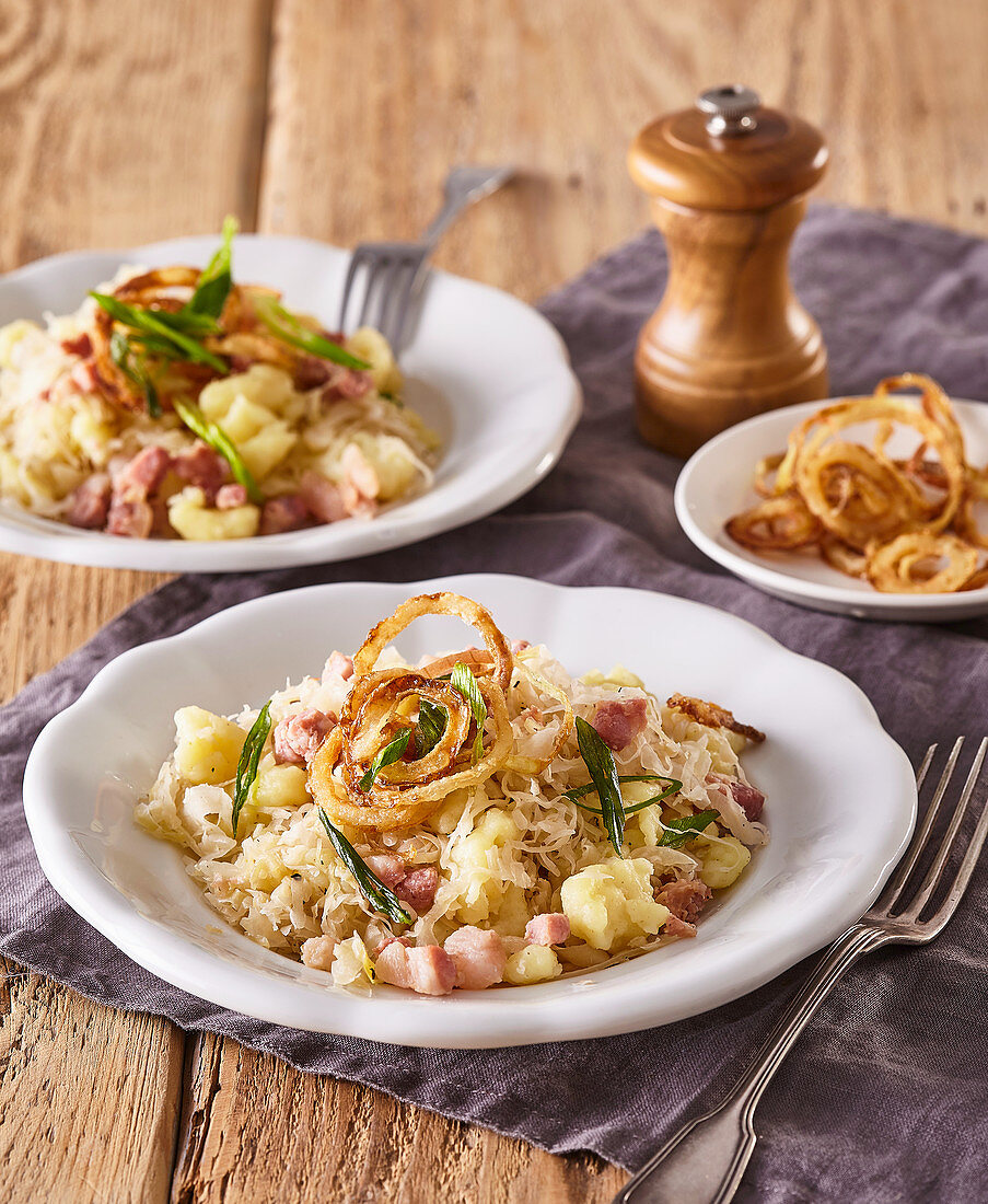 Potato gnocchi with sauerkraut and smoked pork meat