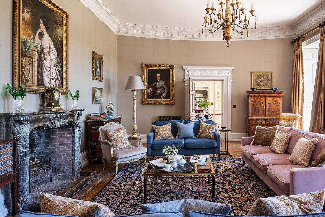 Portrait of Fanny Fowler above fireplace in drawing room of 18th century mansion