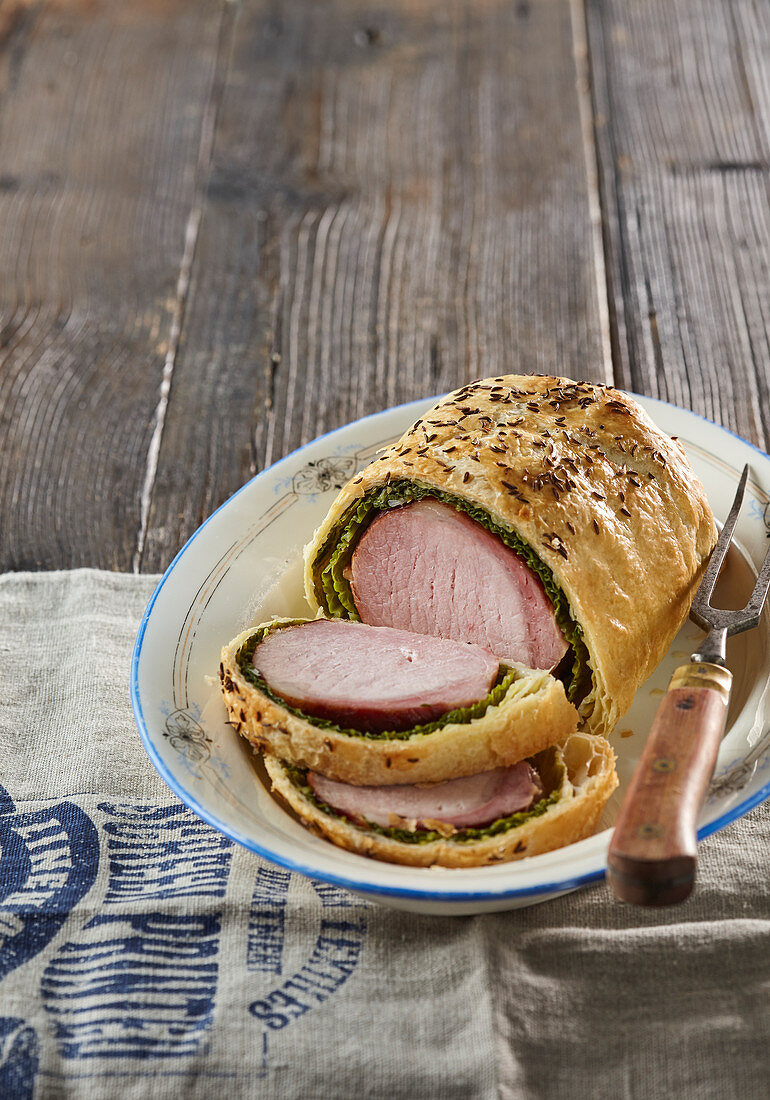 Smoked meat roast in puff pastry