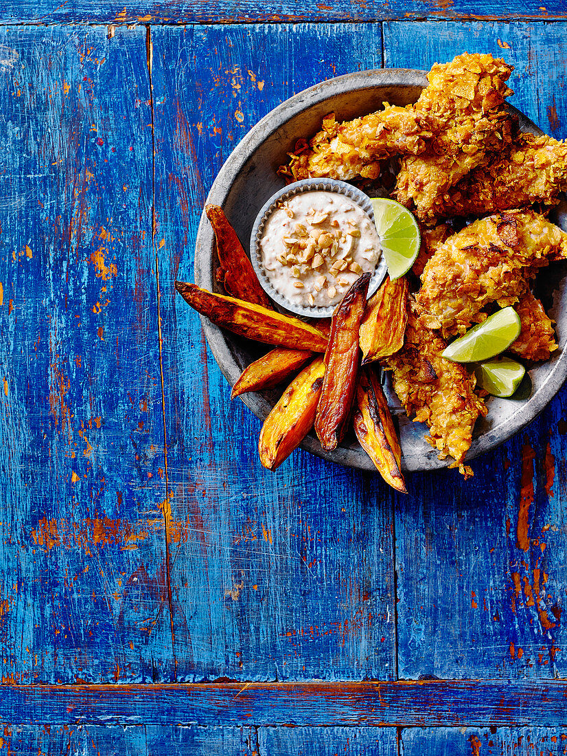 Crispy chicken with peanut dip and sweet potato wedges