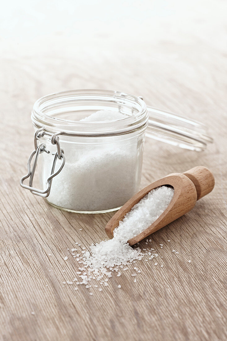 Guerande salt in glass and wood spoon