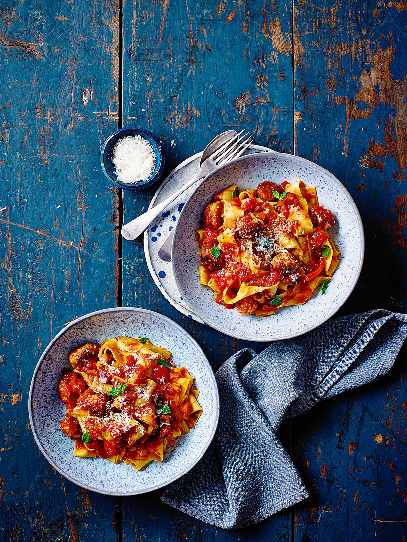 Spicy Sausage Meatball Stew with Pasta