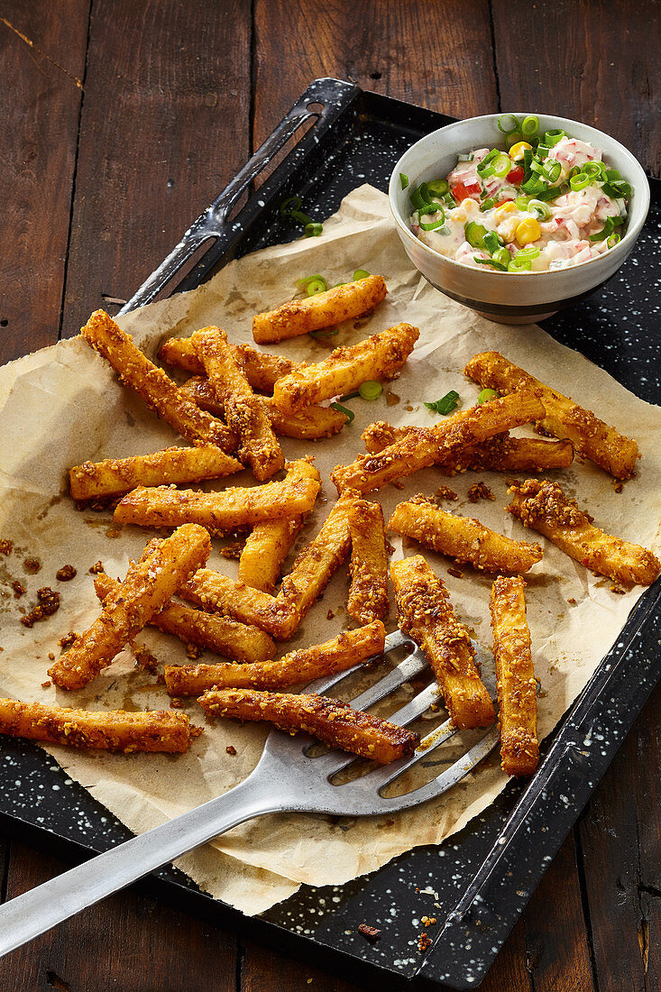 Turnip wedges with colorful vegetable tzaziki