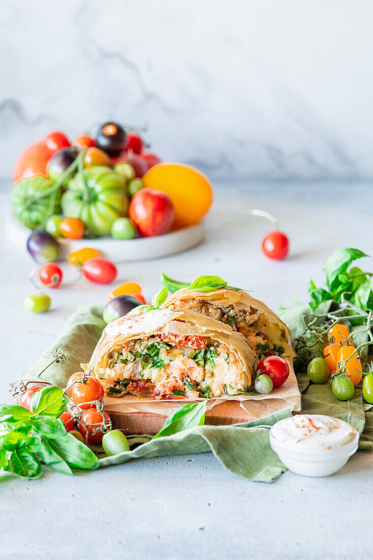 Tomato salmon strudel