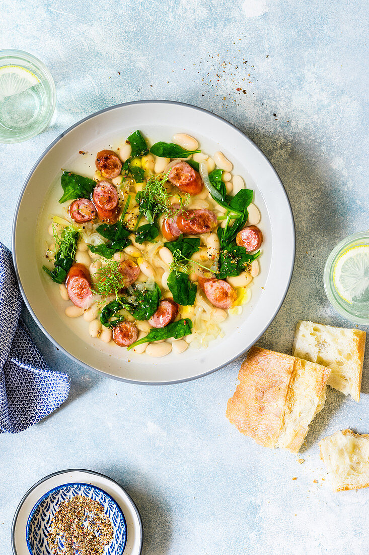 White Bean, Spinach and Sausage Soup with Pea Sprouts