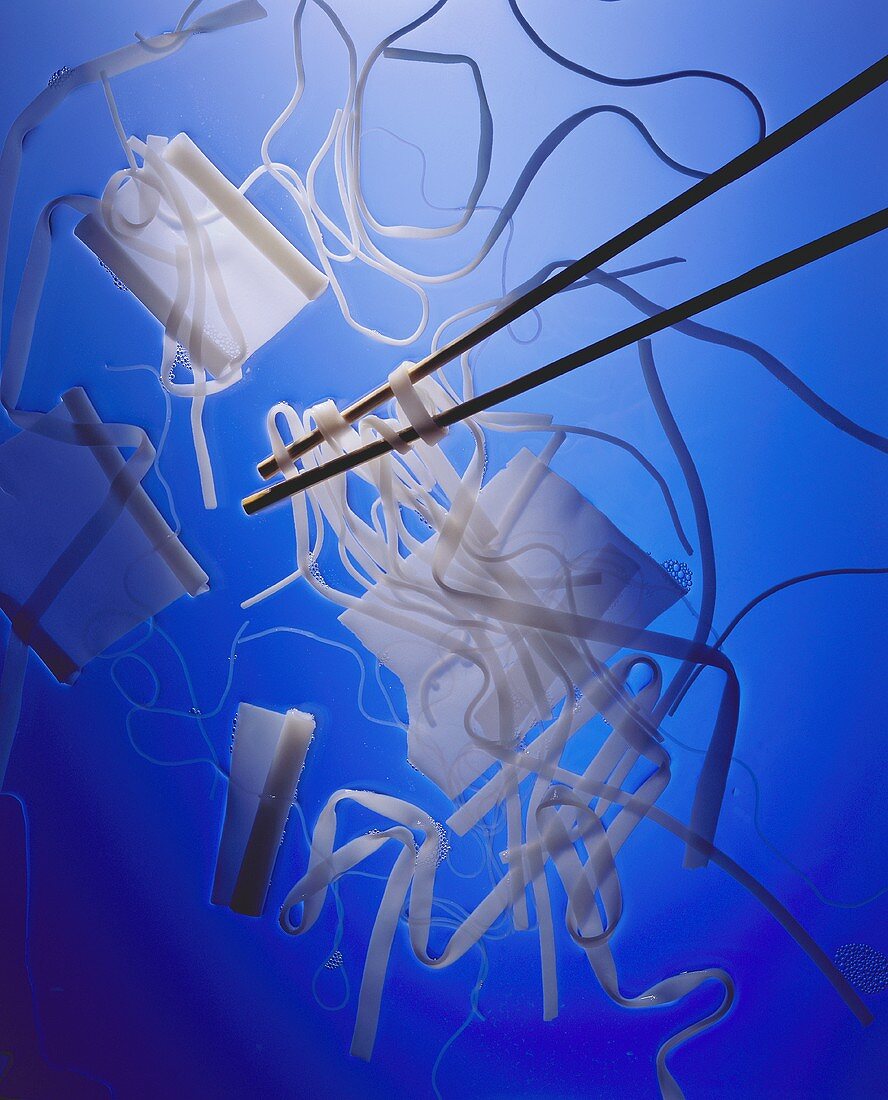 Various Japanese rice noodles on blue background