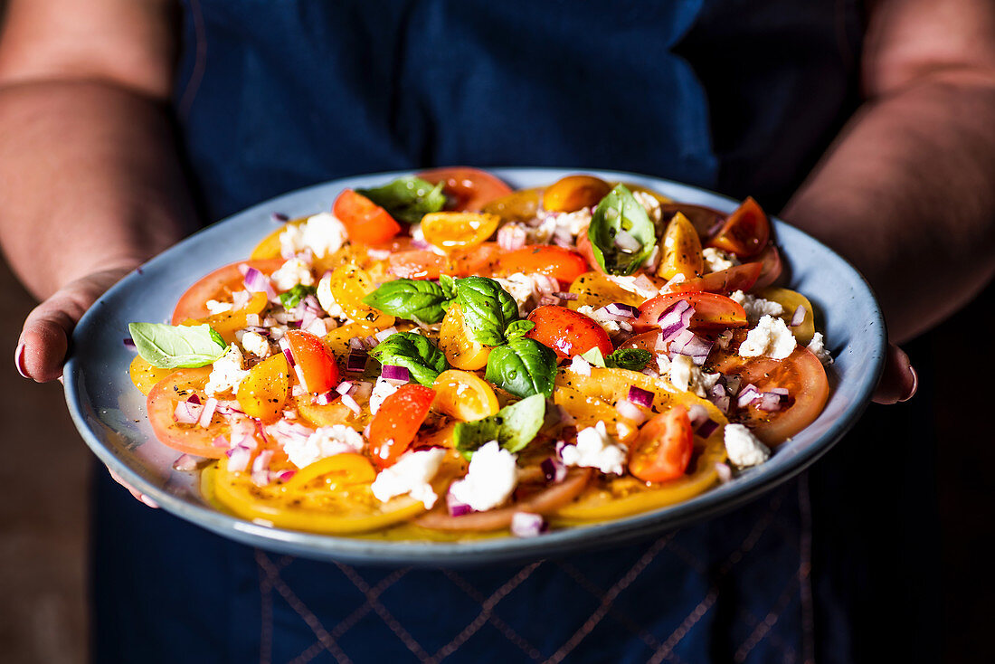 Yellow and red tomatoes carpaccio with red onion, basil and mozzarella