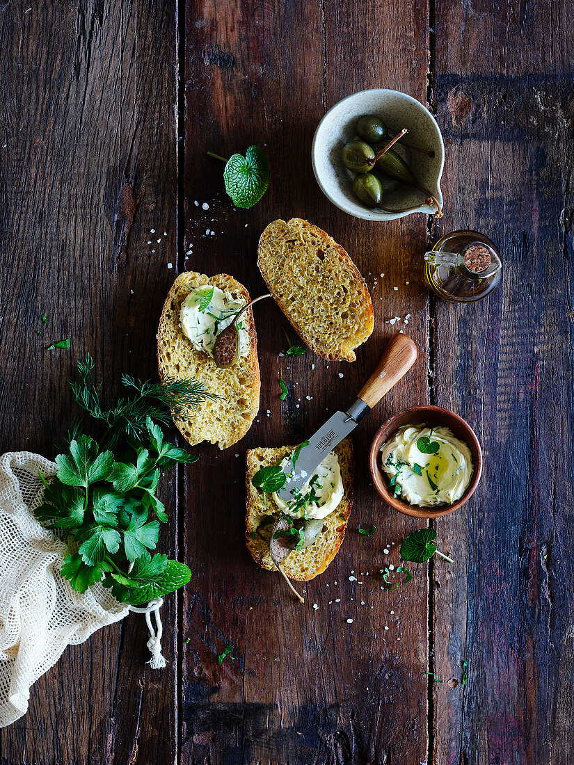 Carrot and yoghurt bread with herb butter and caper apples