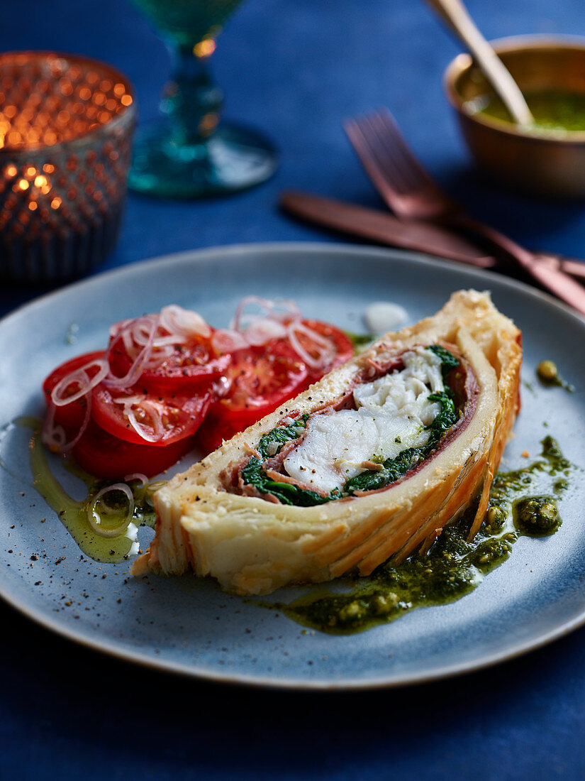 Monkfish Wellington and tomato salad