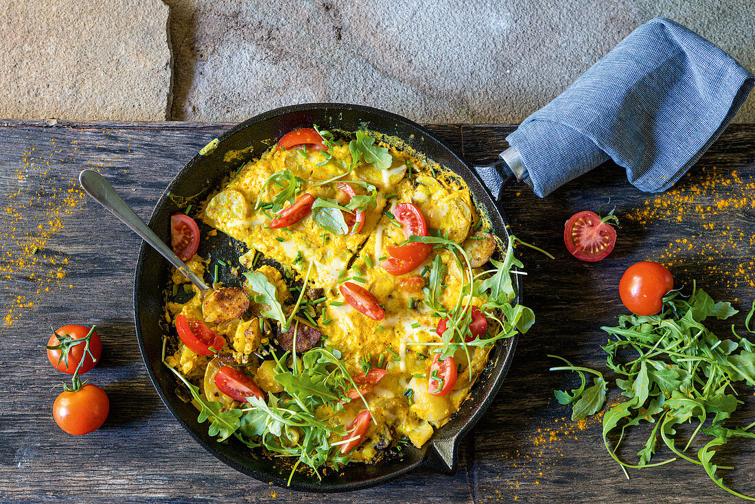 Veganes Bauernfrühstück aus Seidentofu vom Campfeuer