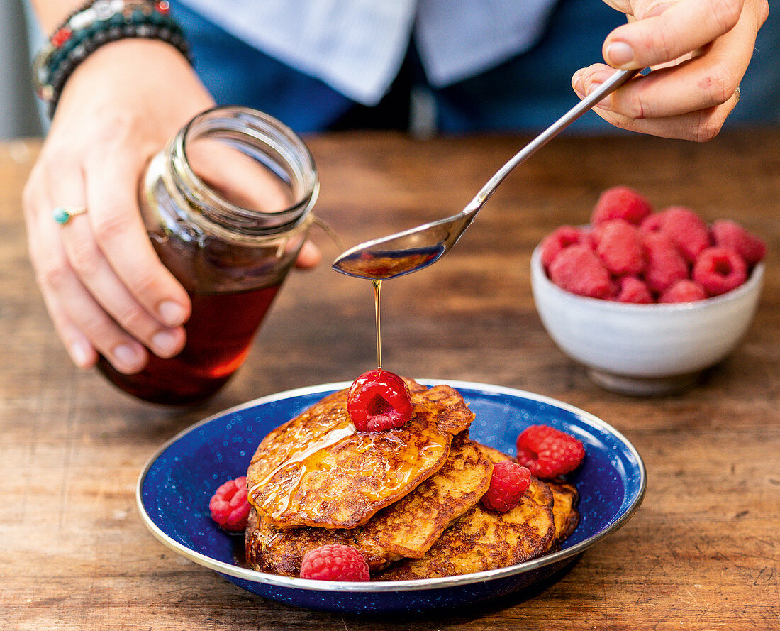 African style sweet potato pancakes with maple syrup