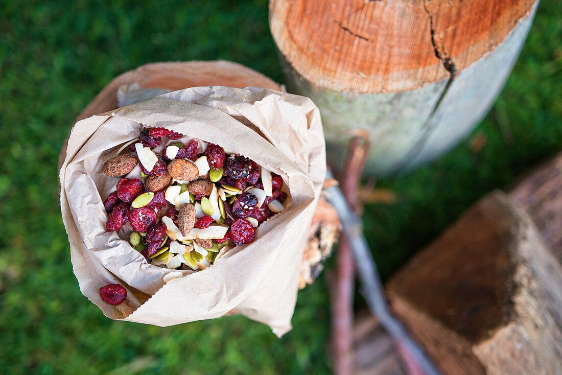 Trail mix with cranberries and chocolate covered almonds