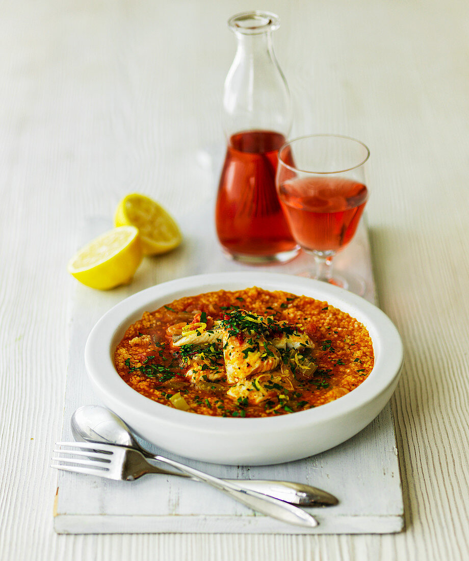 Gebackener Kabeljau mit Couscous dazu Granatapfelsaft