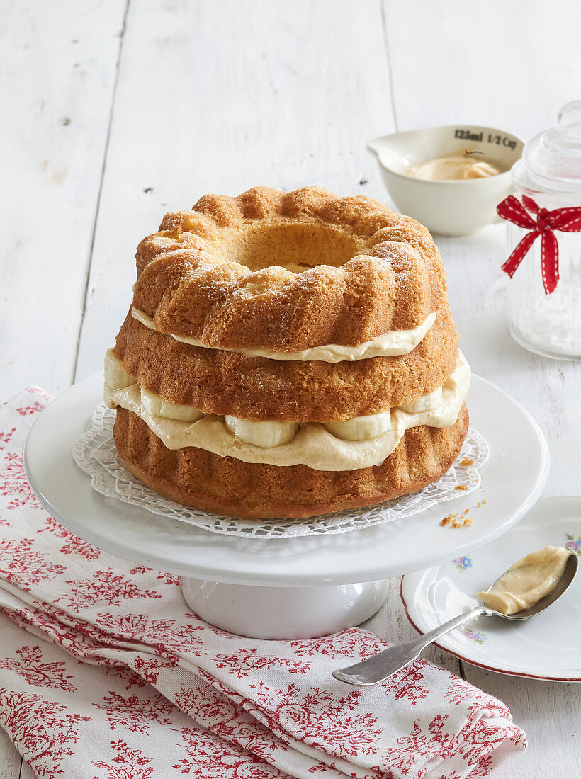 Fancy bread with caramel cream and banana