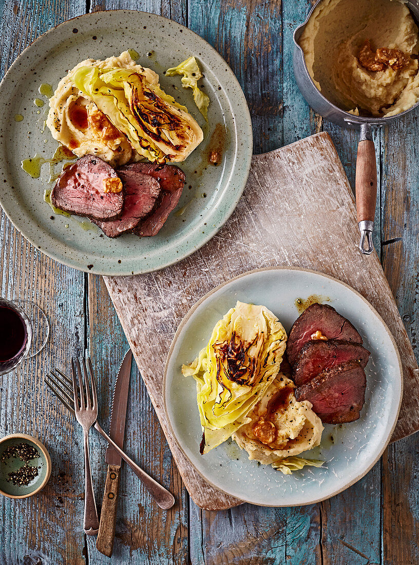 Beef fillet, Marmite mash and roasted cabbage