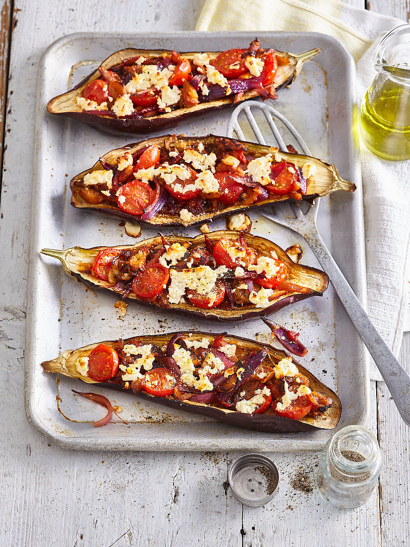 Baked Aubergines Filled with Cherry Tomatoes and Feta