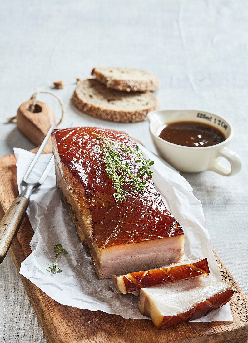 Roasted pork belly in beer marinade