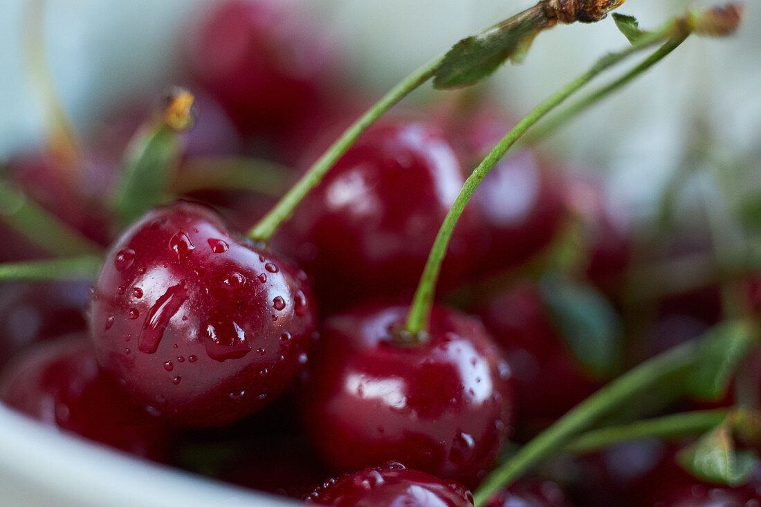 Bow full of fresh cherries on wooden table against dark background