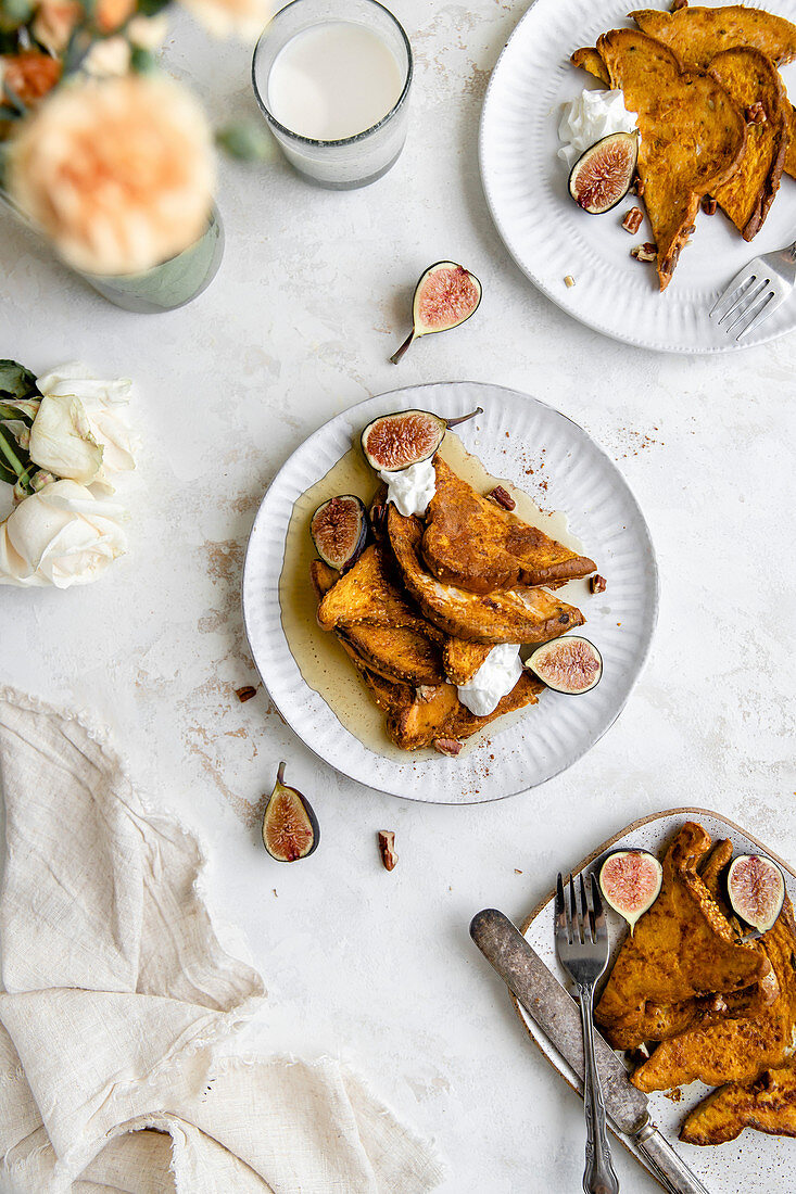 Pumpkin French Toast with maple syrup and figs