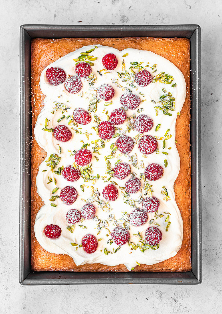 Tres Leches Cake with Fresh Raspberries and Slivered Pistachio