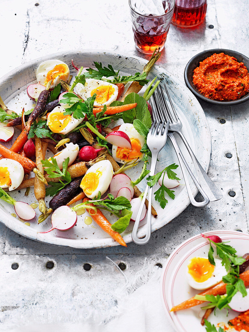 Radieschensalat mit Röst-Möhren und Eiern