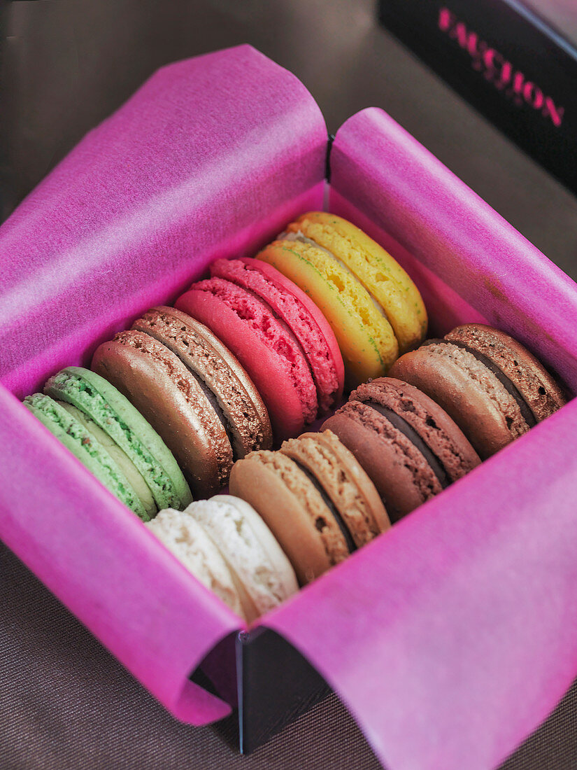 Gift box of coloured macaroons from Fauchon in Paris